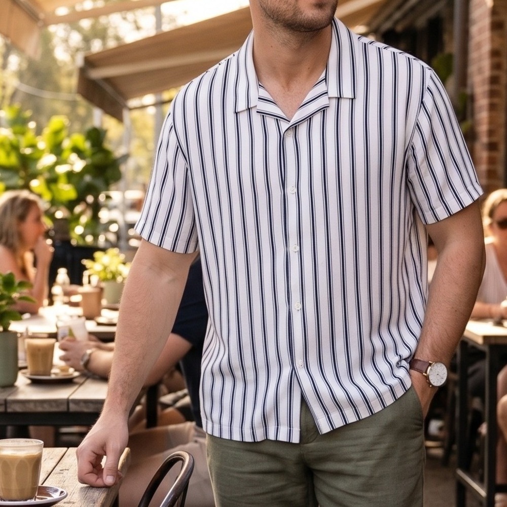 Kenneth Cole Short Sleeve Camp Shirt Mens XL White Striped Collar Button Down